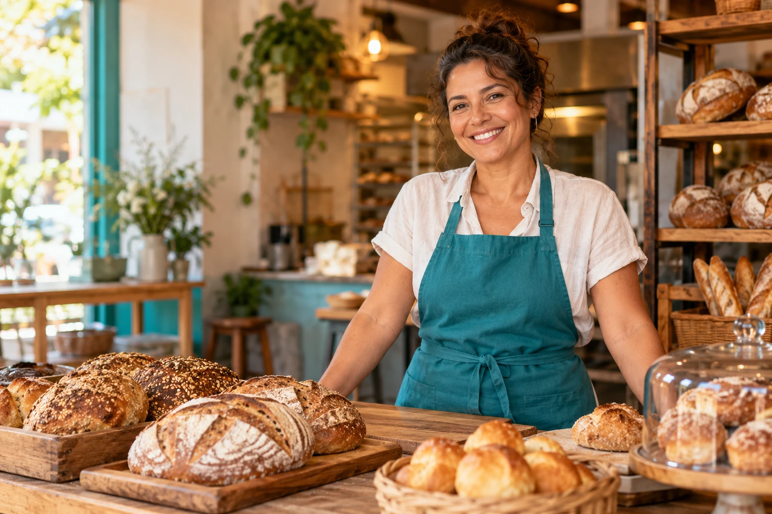 Empreendedora em sua padaria, com pães sobre o balcão
